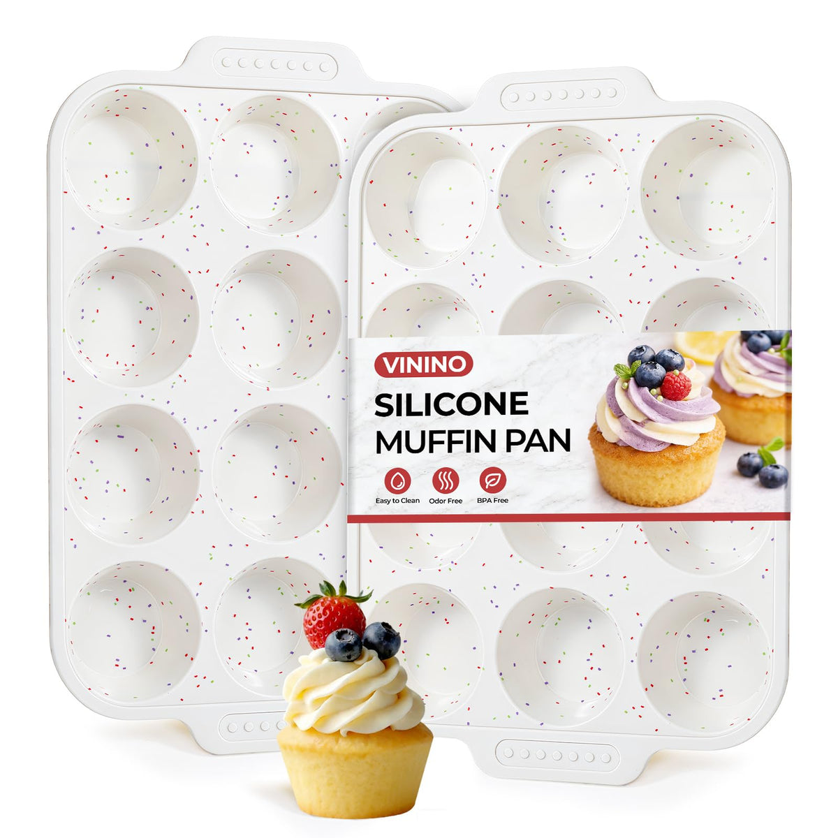 Vinino 12-cup silicone muffin pan with easy release for perfect muffins.