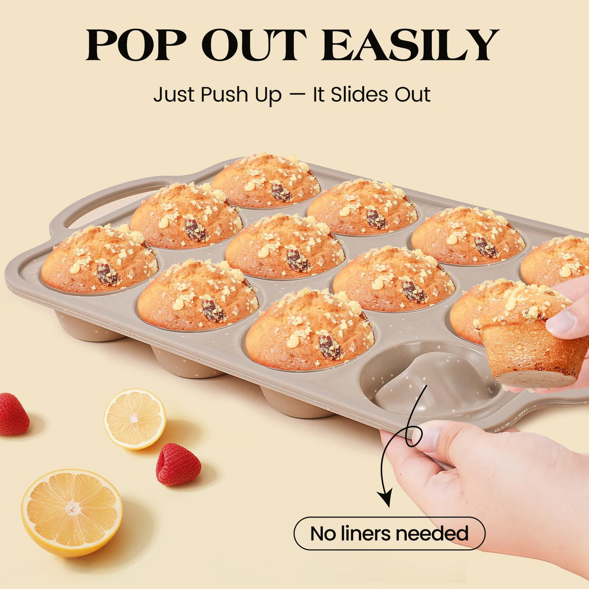 Vinino silicone muffin pan metal reinforced frame supports sturdy handling.