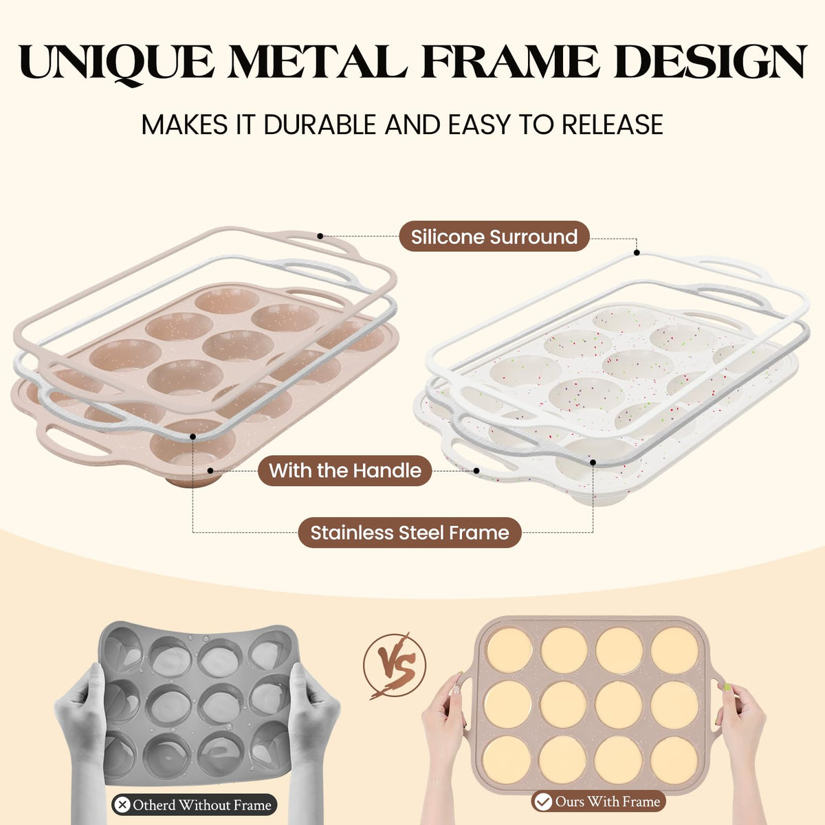 Vinino muffin pan nonstick release for quick, clean muffin pop-outs after baking.