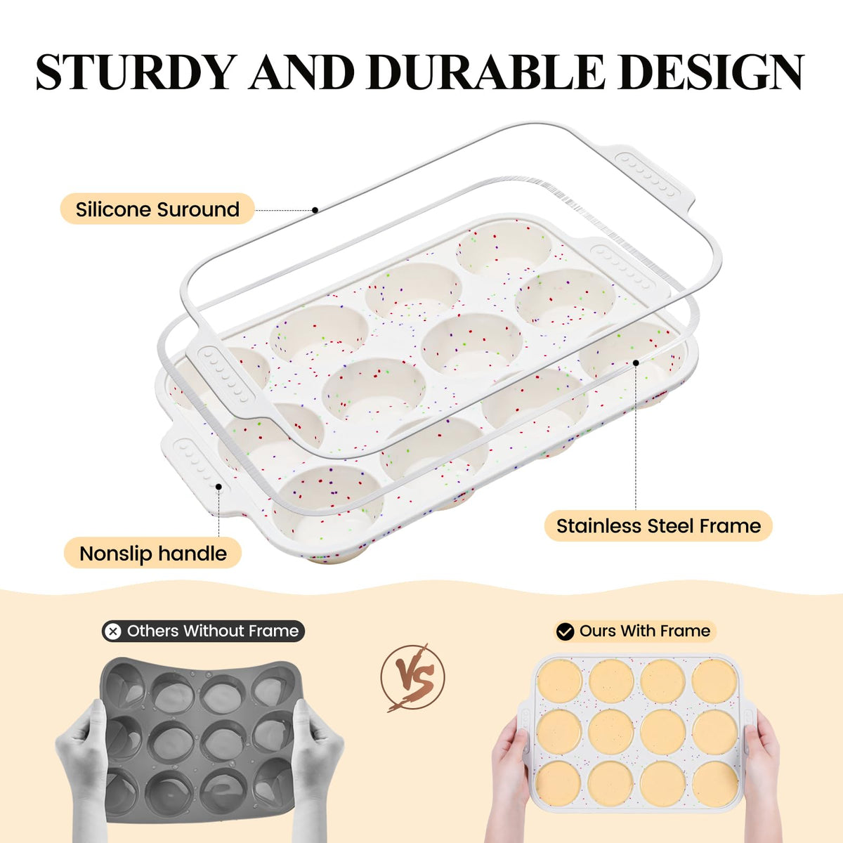 Vinino muffin pan with reinforced frame for stable, warp-free baking.