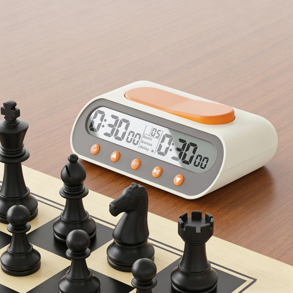 VINJOE Chess Clock bonus and delay settings for flexible control.