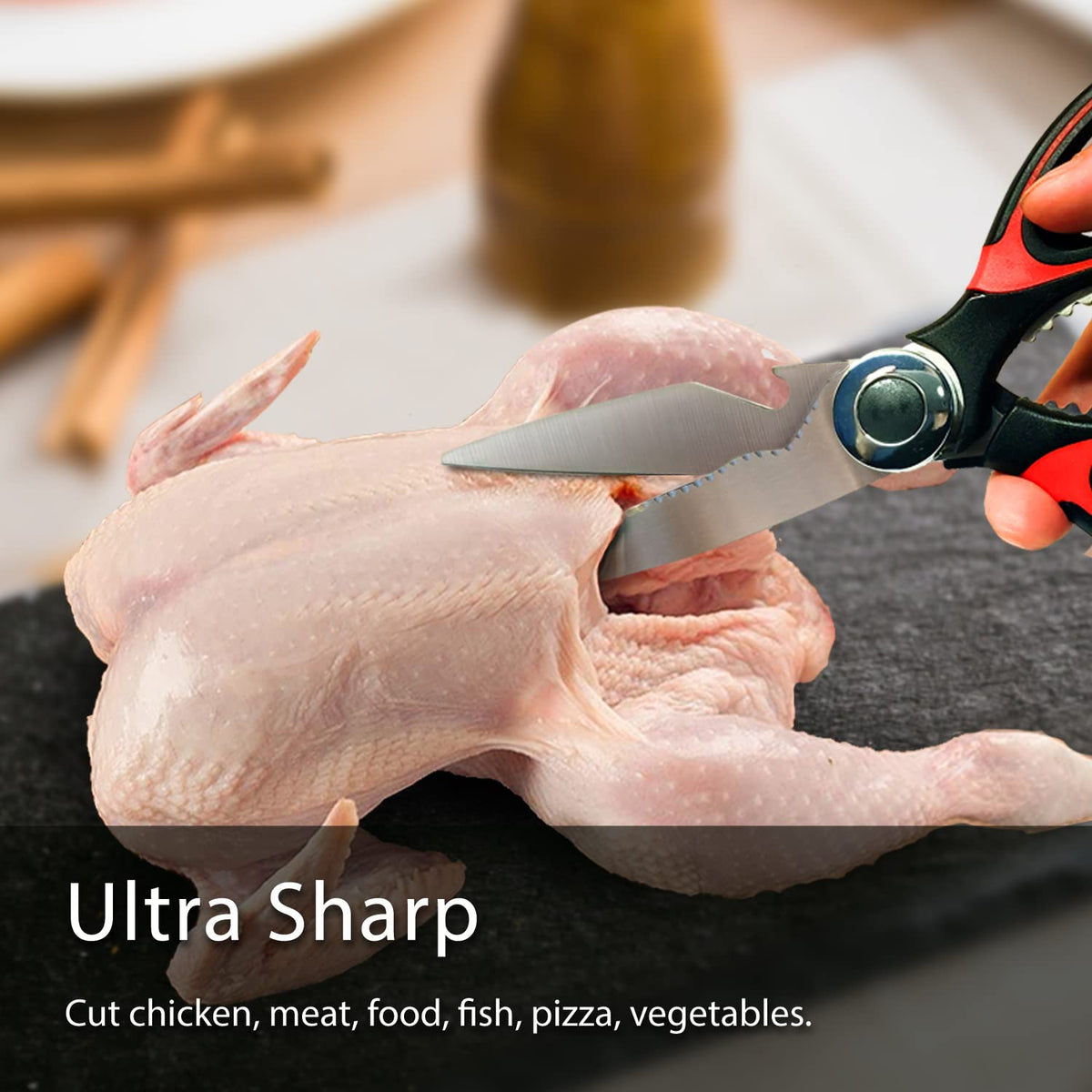 VINKELON kitchen scissors meat cutting closeup highlights sturdy blades for tough tasks
