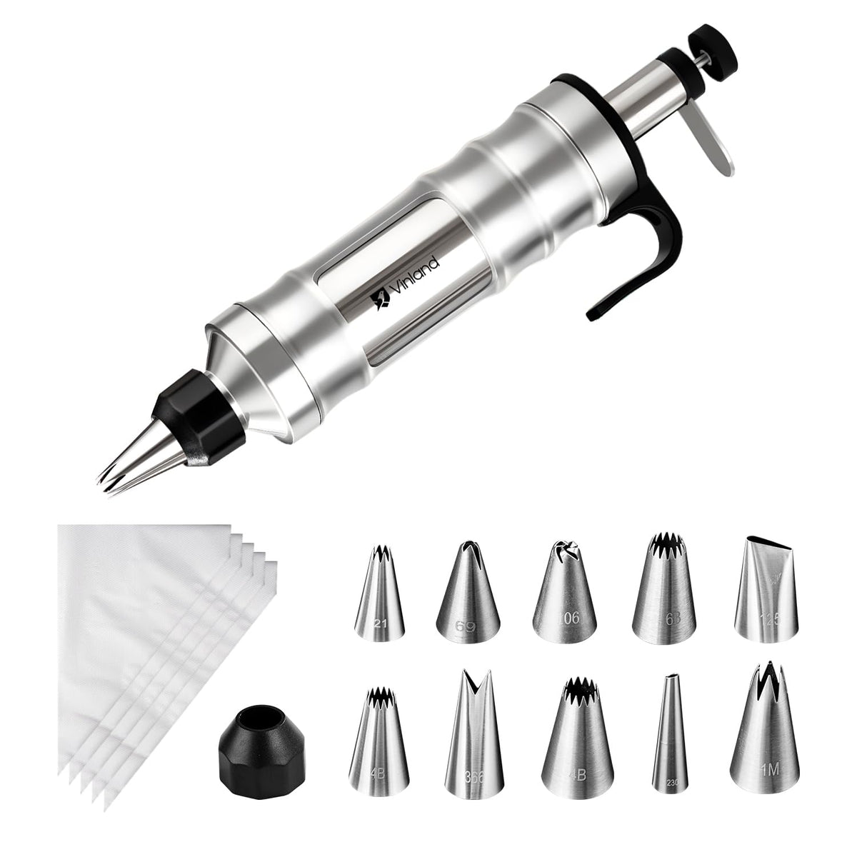 Vinland dessert decorating syringe set close-up showcases precision stainless steel construction for delicate frosting designs