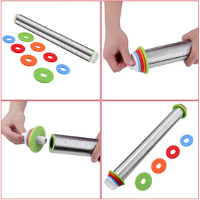 Vinoil measuring baking mat paired with rolling pin for consistent results.