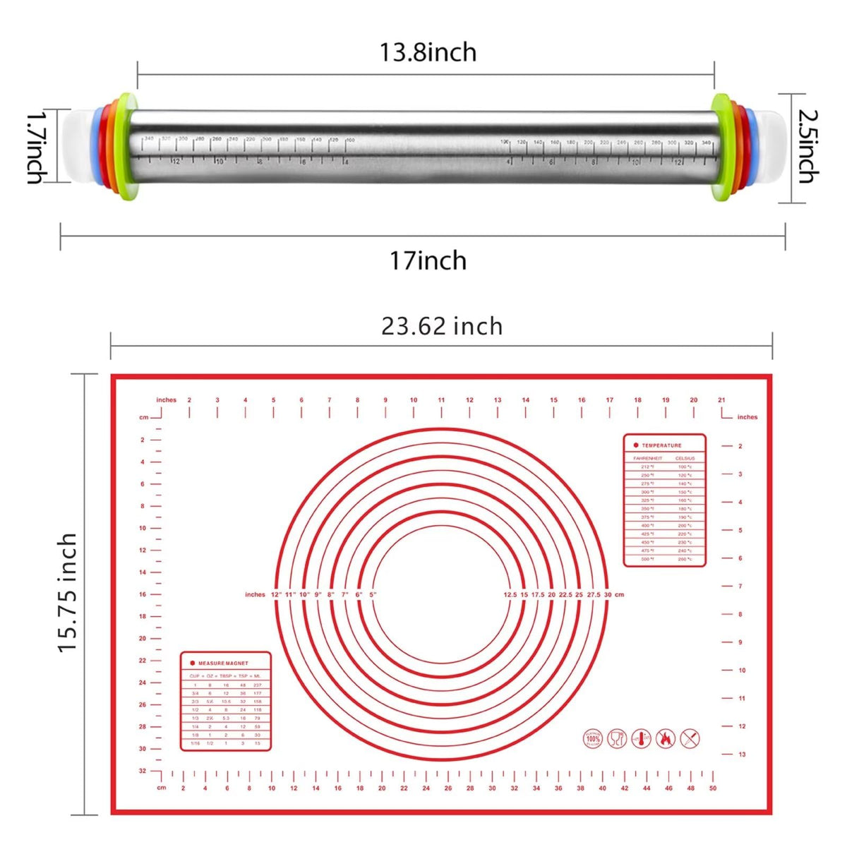 Vinoil thickness rings with 1/16 to 3/8 inch, precise dough thickness.