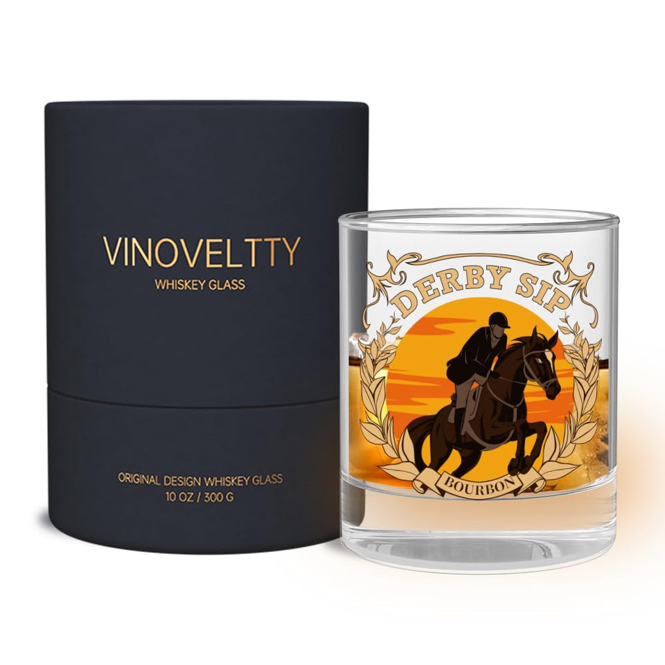 Vinoveltty horse whiskey glass featuring a racing jockey design, perfect for celebrating victories and toasts.