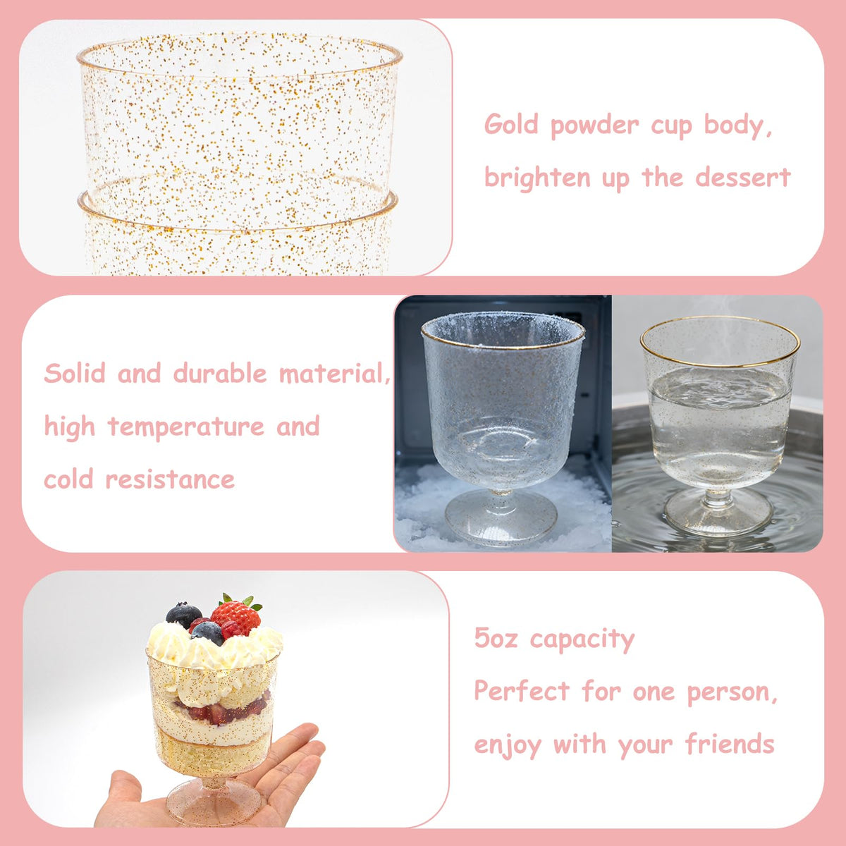 Vintrol clear dessert cups highlighting layered desserts.
