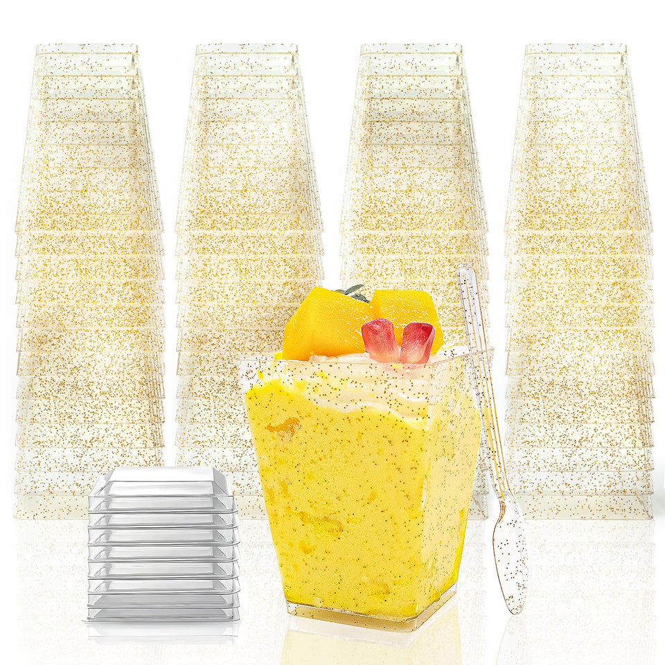 Vintrol gold glitter dessert cups with 5oz capacity for elegant servings.