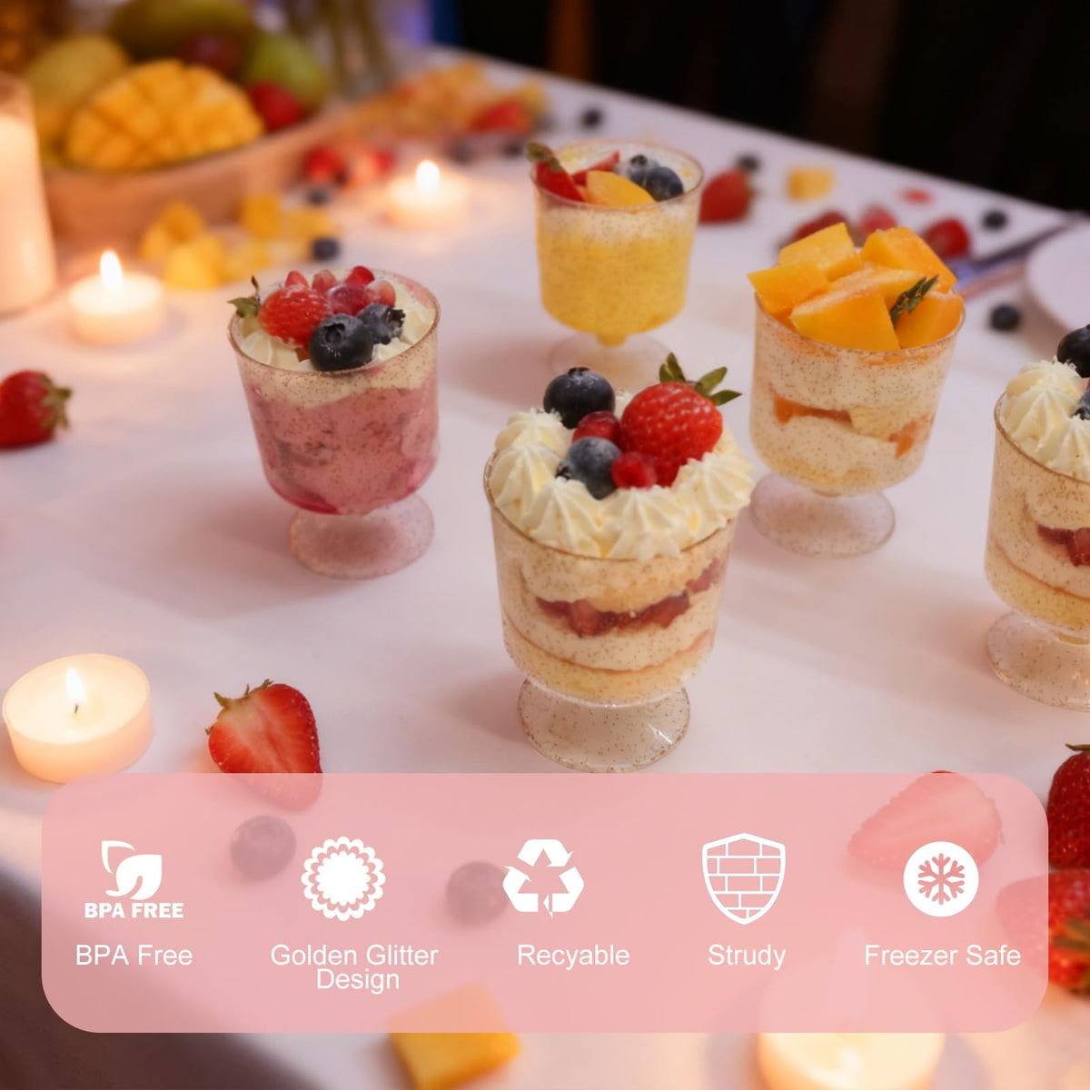 Vintrol gold glitter parfait cups shimmering under party lights.