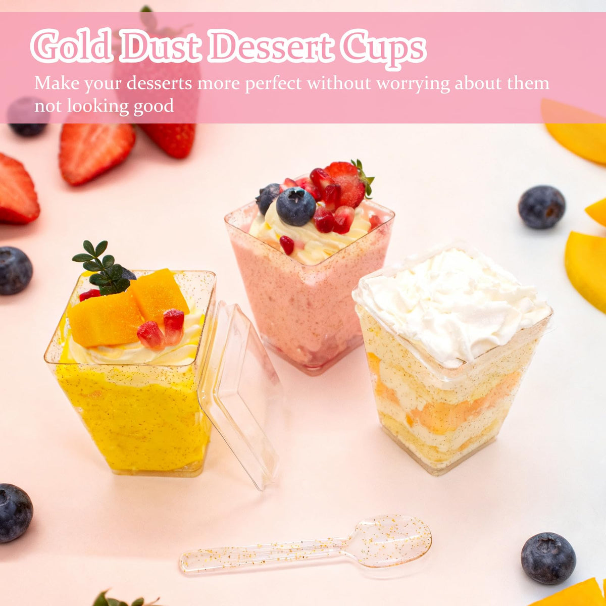 Vintrol square design parfait cups add modern dessert presentation.
