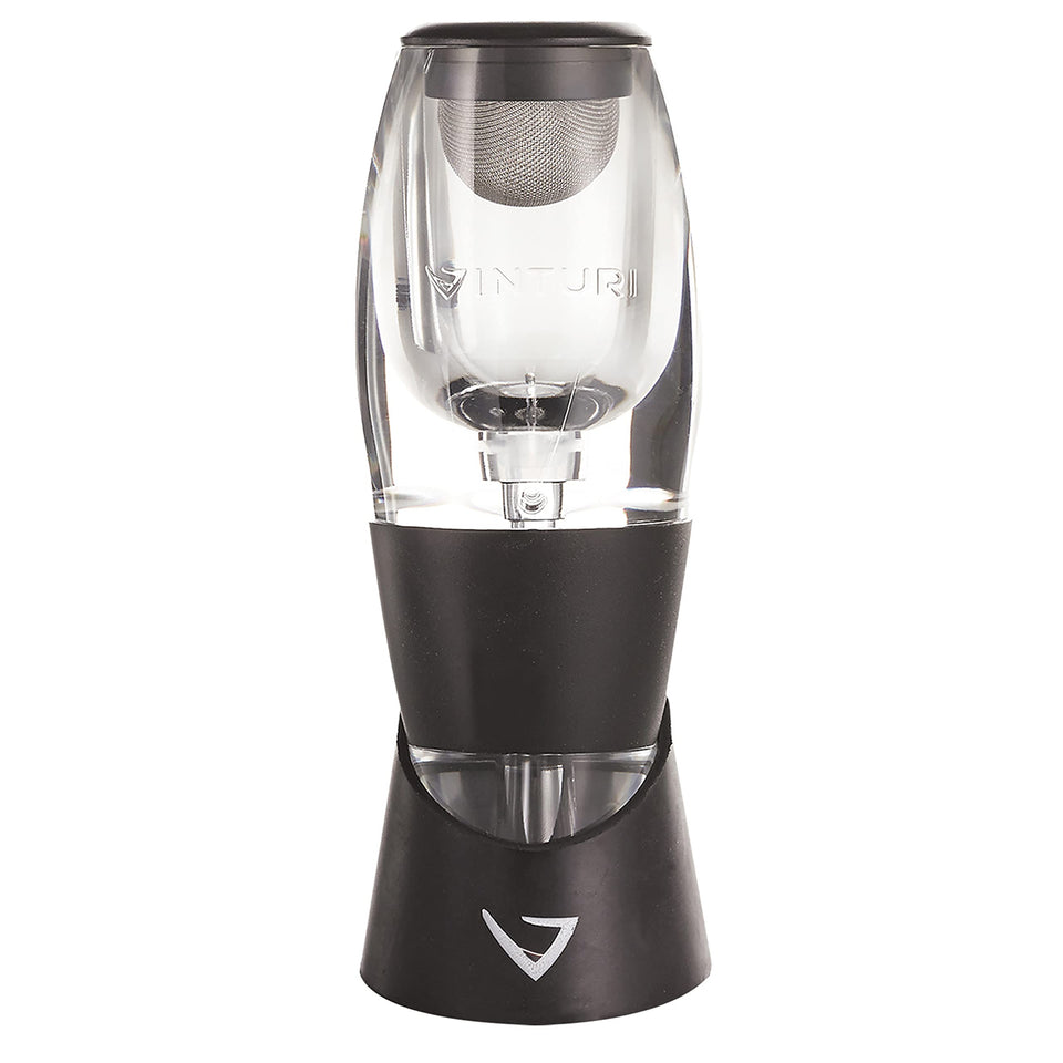 Vinturi wine aerator pourer in black front view enhances bouquet during pouring.