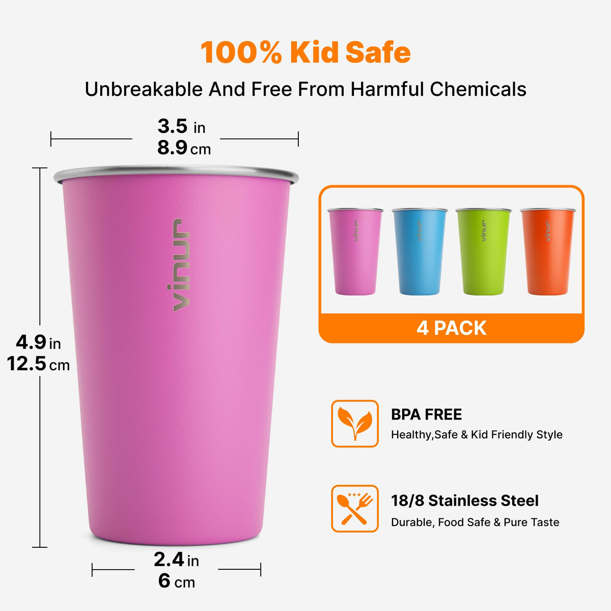 VINUR stainless steel pint cup orange, durable and reusable for events and picnics.