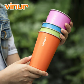 VINUR stackable cups save space in cabinets and bags.
