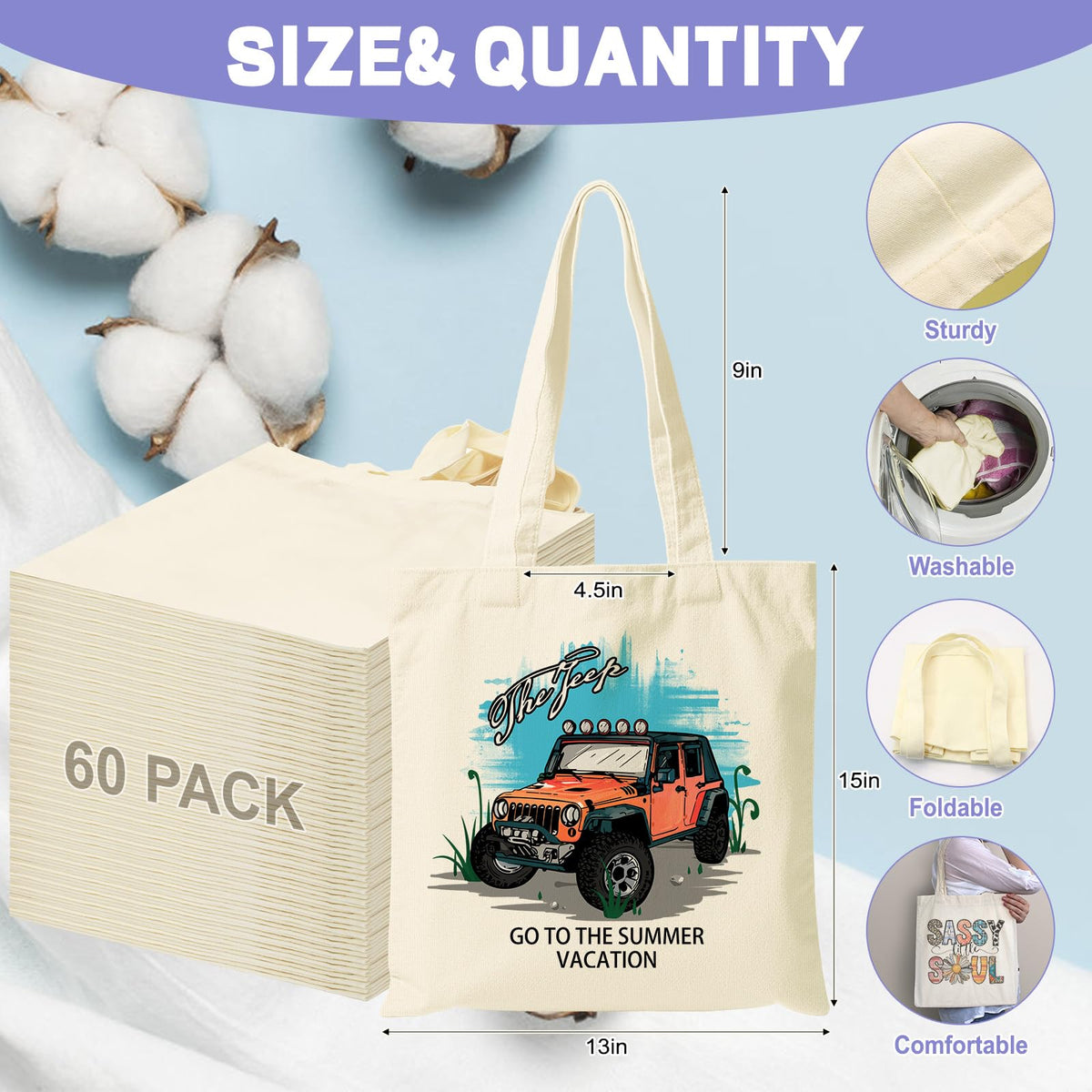 Viobepass blank tote suitable for HTV, painting, embroidery, or rhinestones.