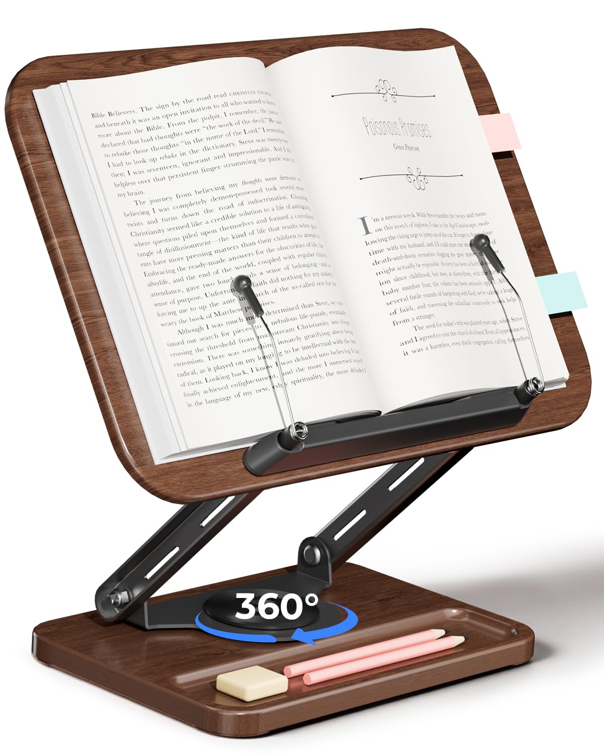 Viozon book stand with 360-degree rotating base for hands-free reading