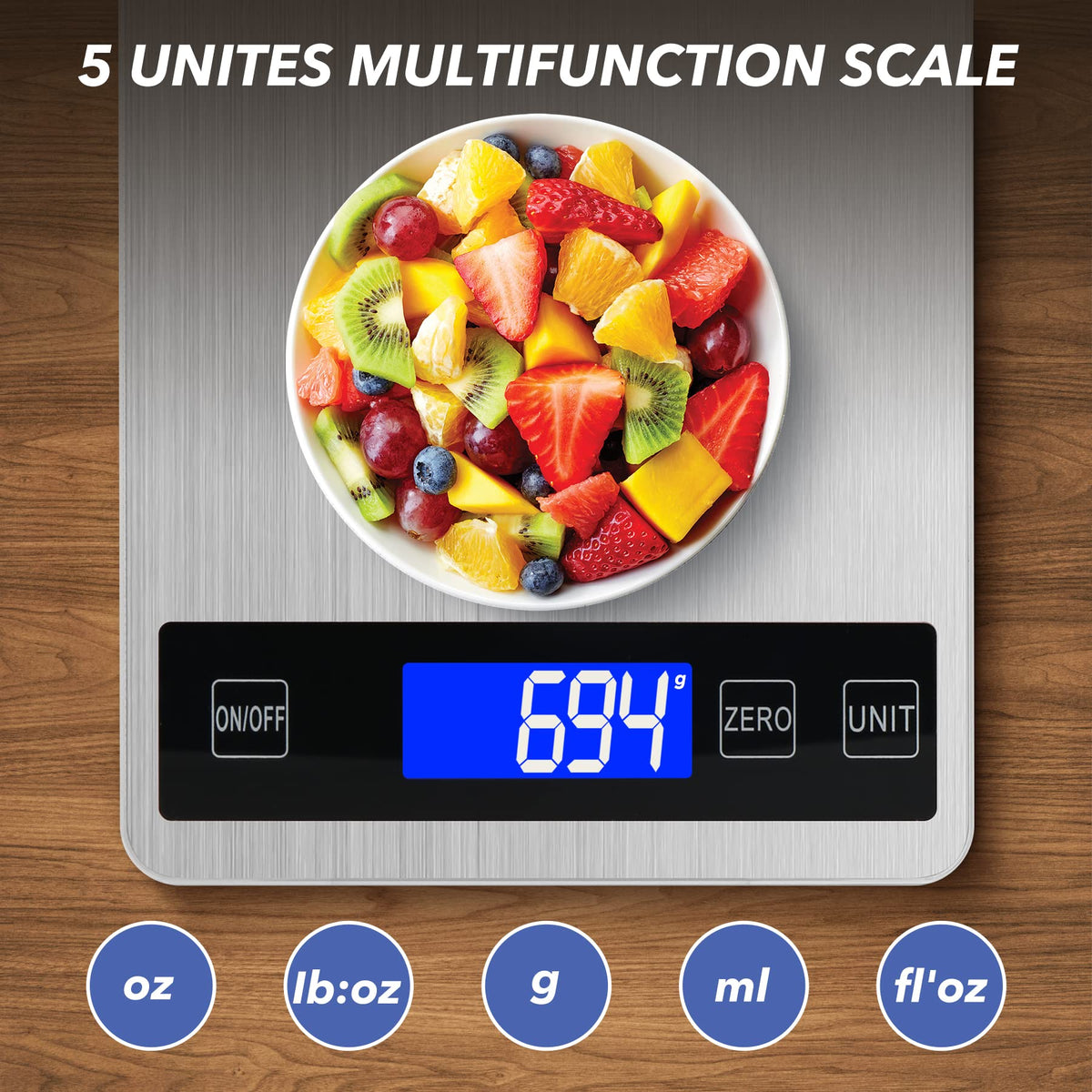 VIRENZZO digital scale with backlit display for easy reading during night cooking.