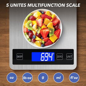 VIRENZZO digital scale with backlit display for easy reading during night cooking.