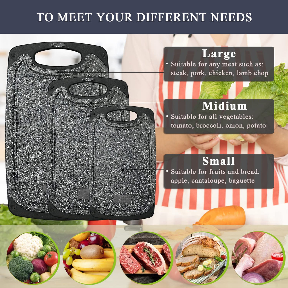 Viretang reversible cutting boards with juice grooves and spacious cutting side