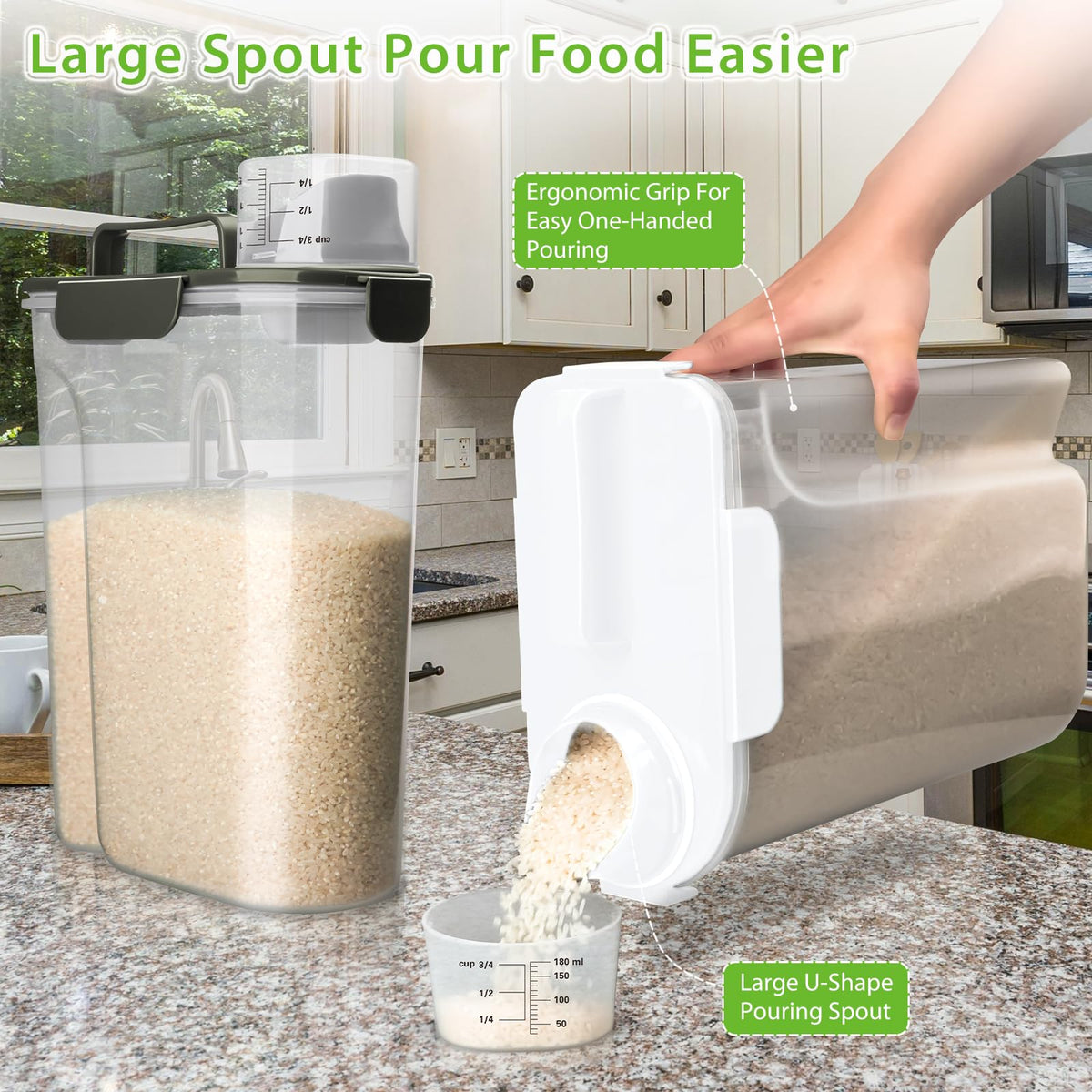 Viretec 6 L capacity container sealed with four latches keeps pantry dry.