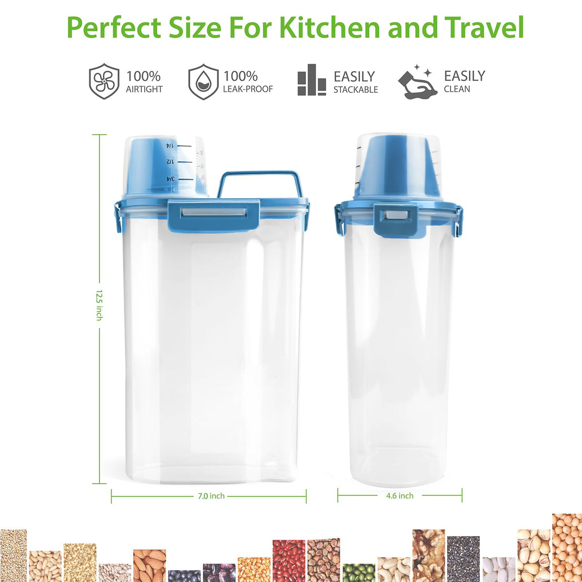 Viretec container shows measuring cup enabling quick portioning.