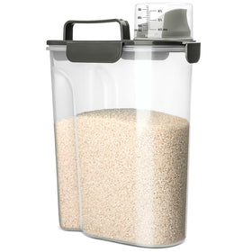 Viretec rice storage container front view with clear body for easy content identification.
