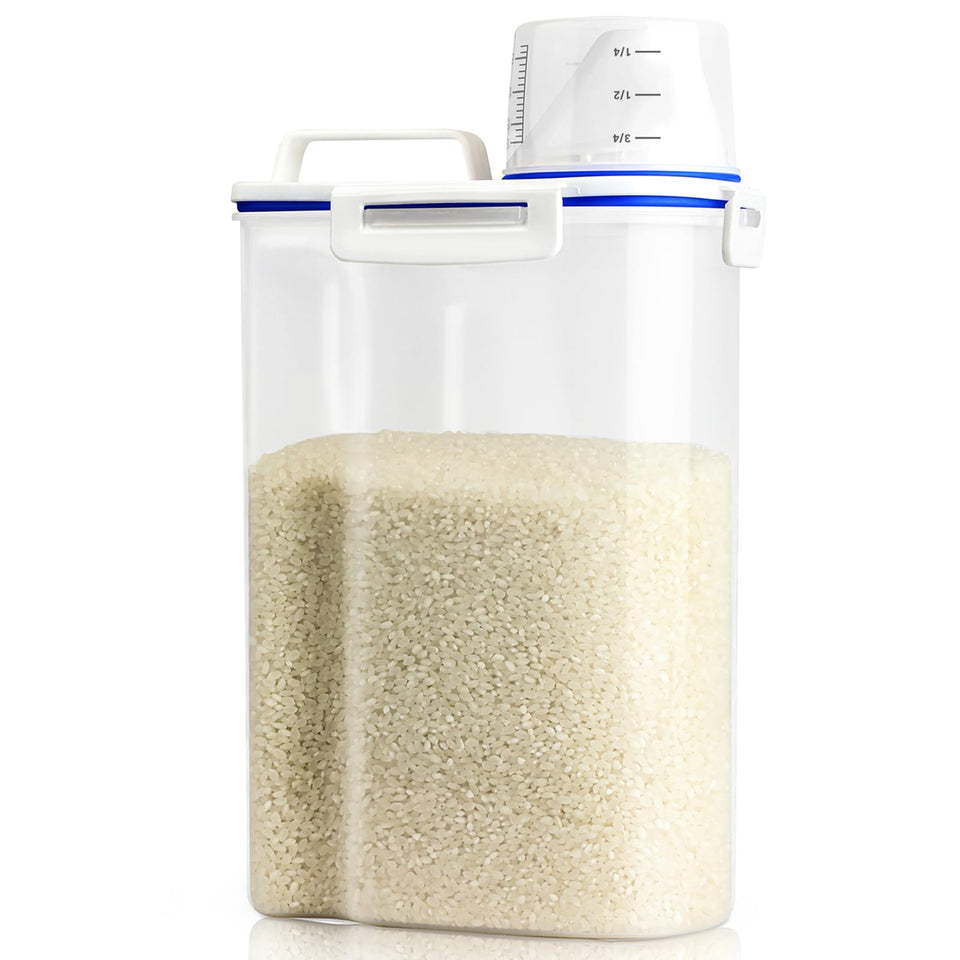 Viretec rice storage container with pour spout for easy dispensing.
