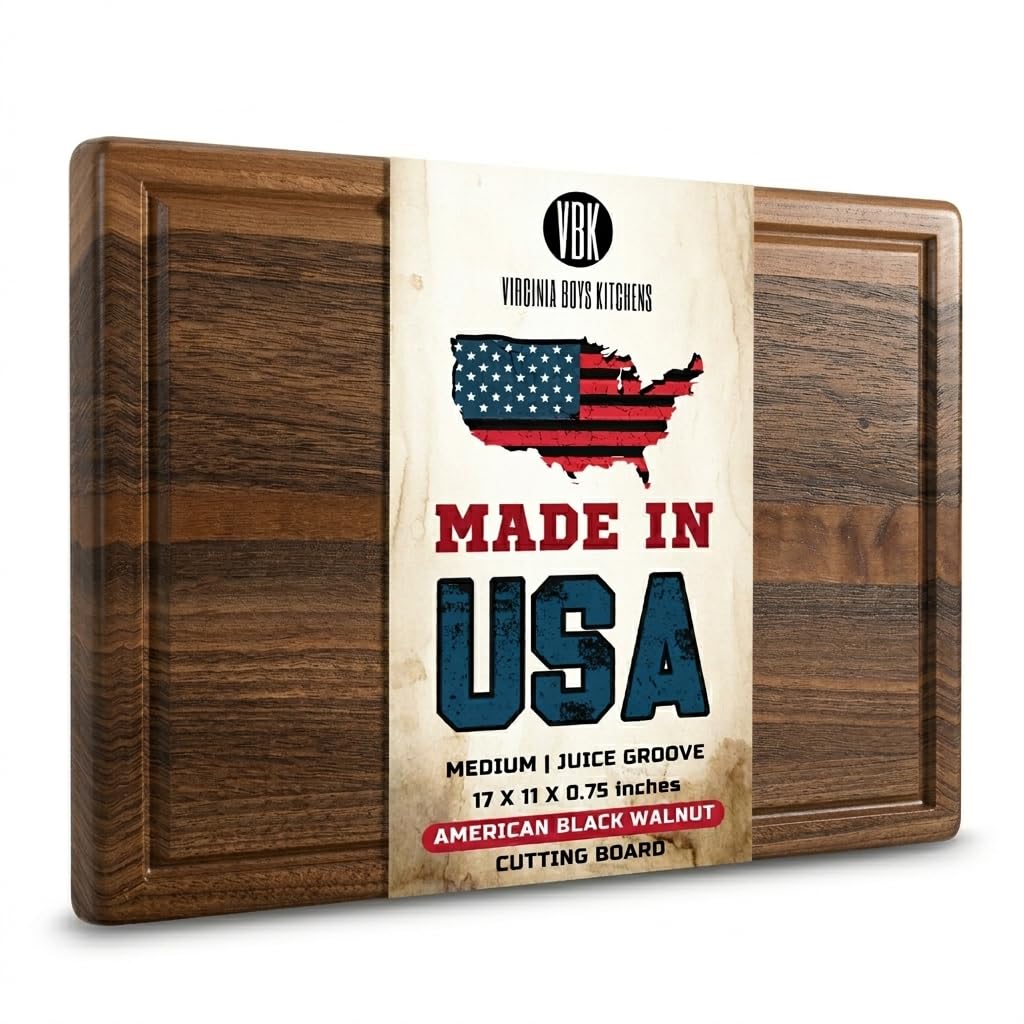Virginia Boys Kitchens black walnut cutting board 17x11 showing rich wood grain for precise prep