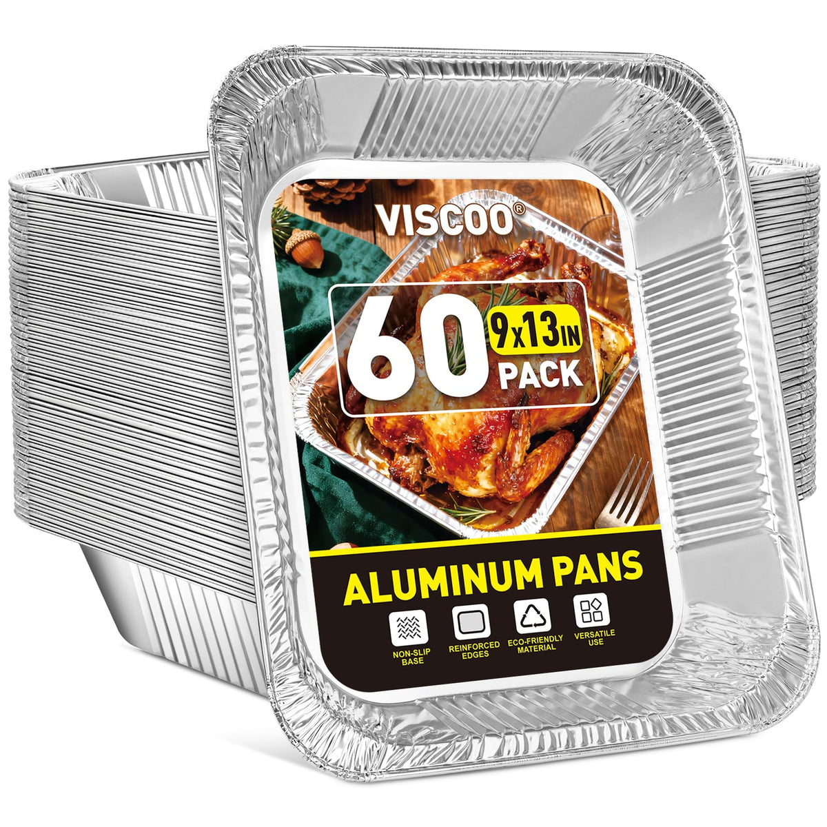 VISCOO 60-pack aluminum pans for 9x13 baking, ideal for large gatherings and meal prep.