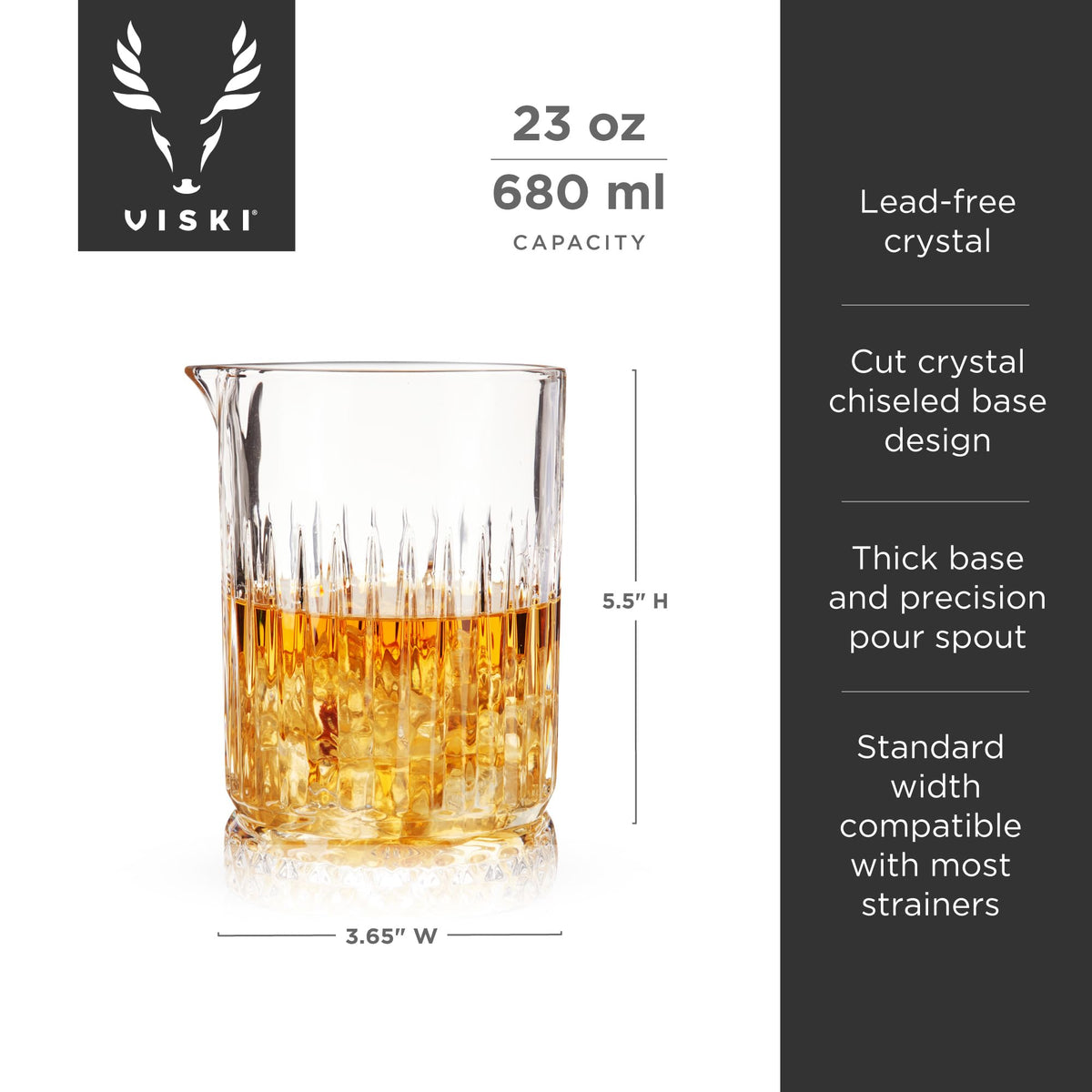 Viski crystal mixing glass for barspoon stirring and controlled ingredient addition.
