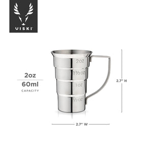 Viski stepped jigger shows four measurements for versatile cocktails.