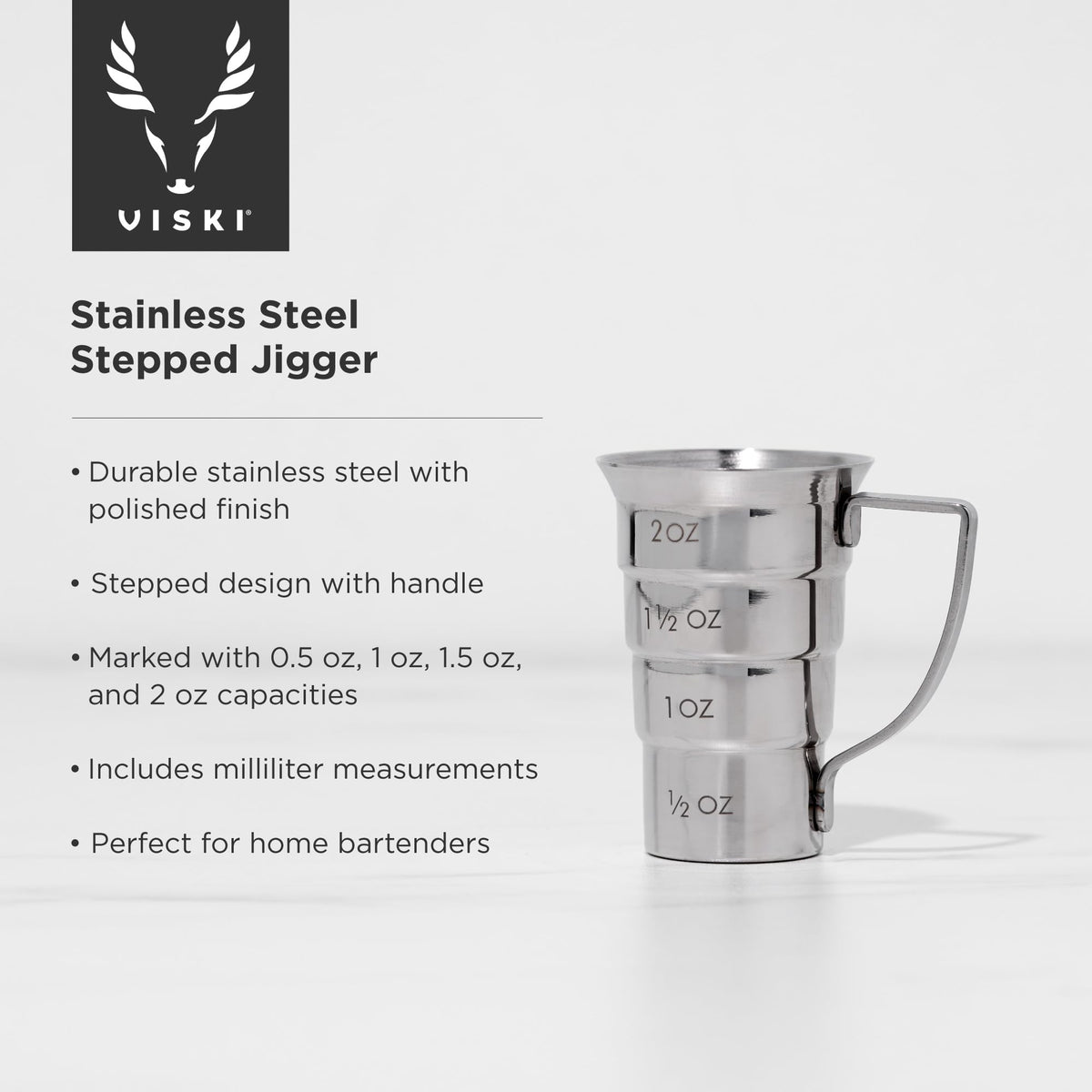 Viski stepped jigger outer markings help reproduce recipes confidently.