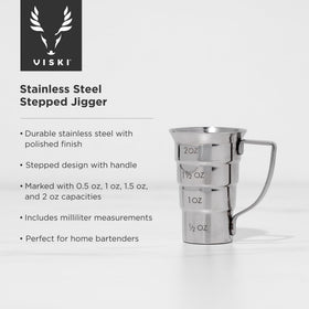 Viski stepped jigger outer markings help reproduce recipes confidently.