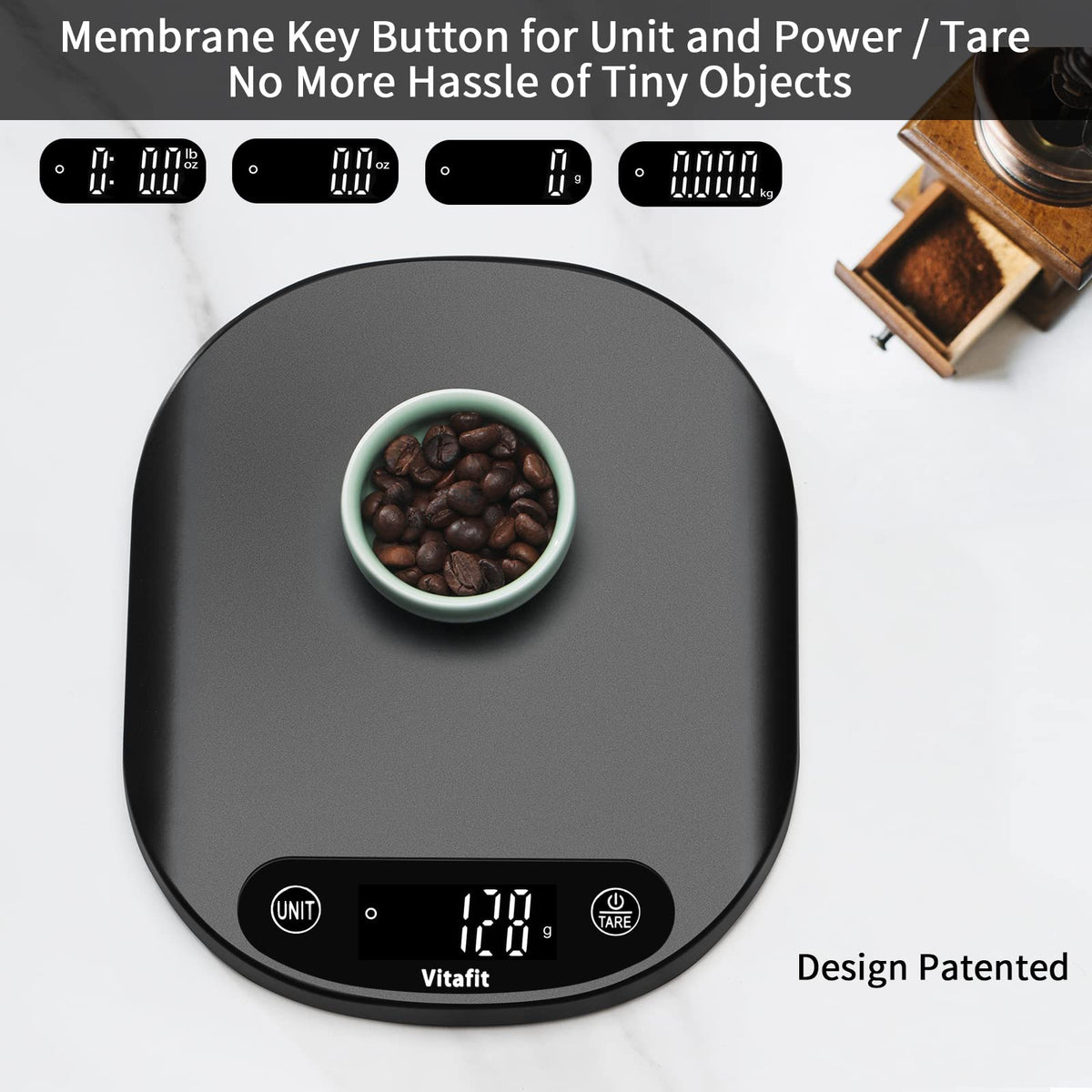 Vitafit 33lb scale in kitchen with bowl for precise portioning