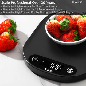 Vitafit 33lb scale top view highlighting tare function for weighing multiple ingredients