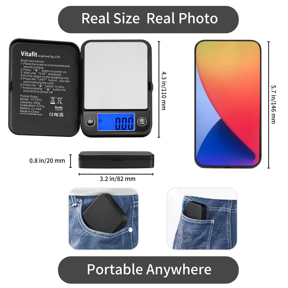 Vitafit digital pocket scale with stainless steel tray supports easy weighing on the go.