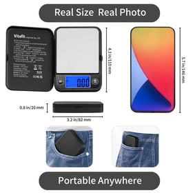 Vitafit digital pocket scale with stainless steel tray supports easy weighing on the go.