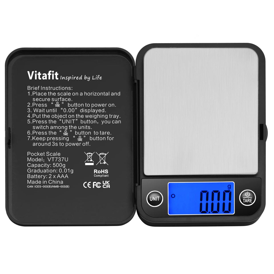 Vitafit pocket scale with precision 0.01 g display for tiny measurements.