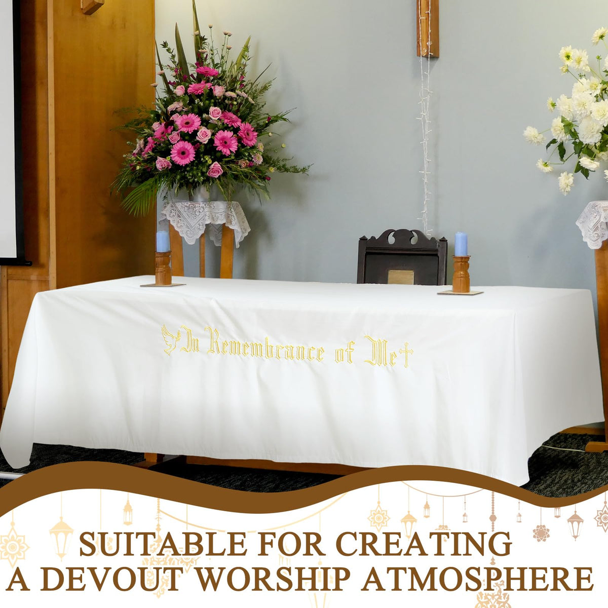 VitalCozy home church decor tablecloth with timeless white and gold.