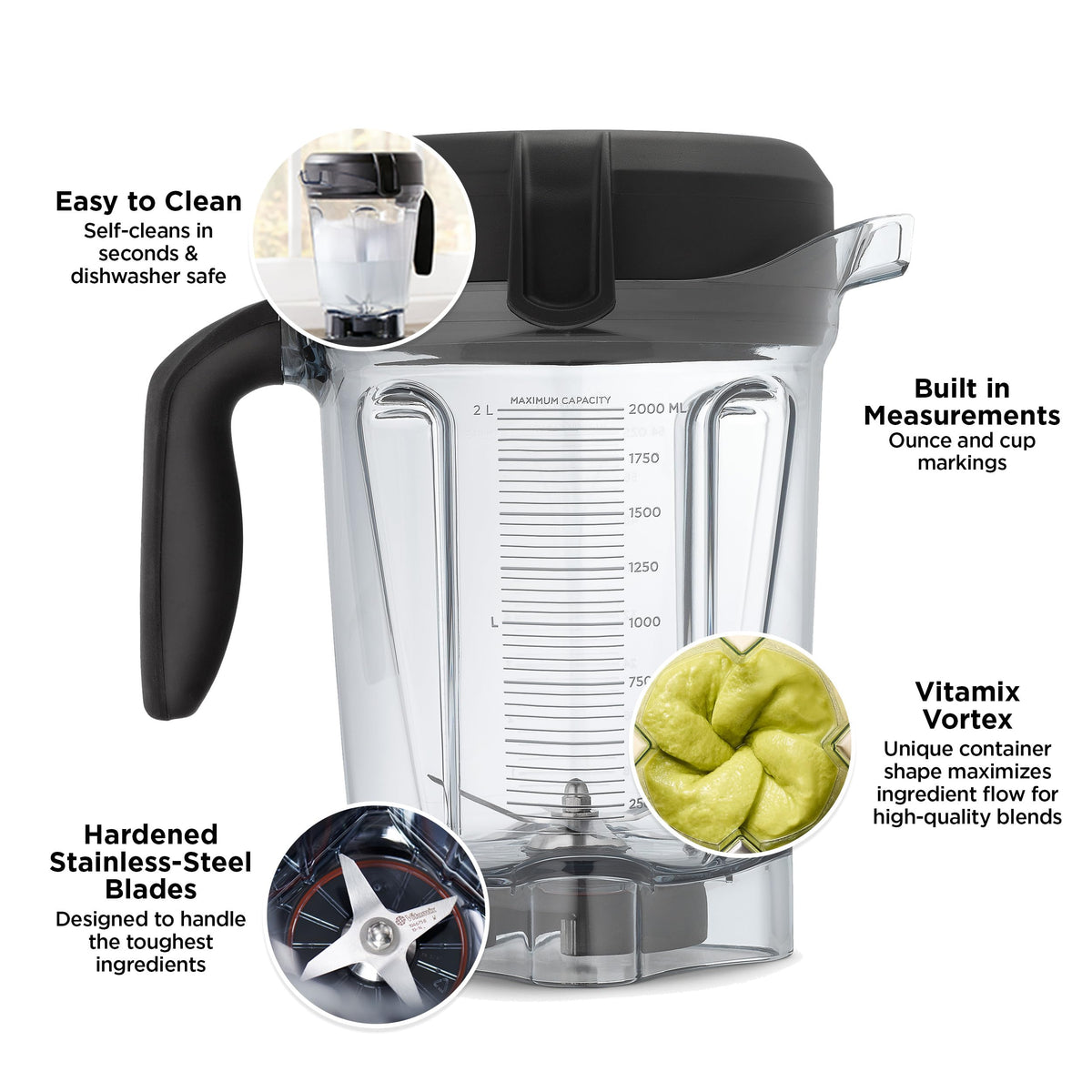 Vitamix container shows clear measurement marks for precise batches.