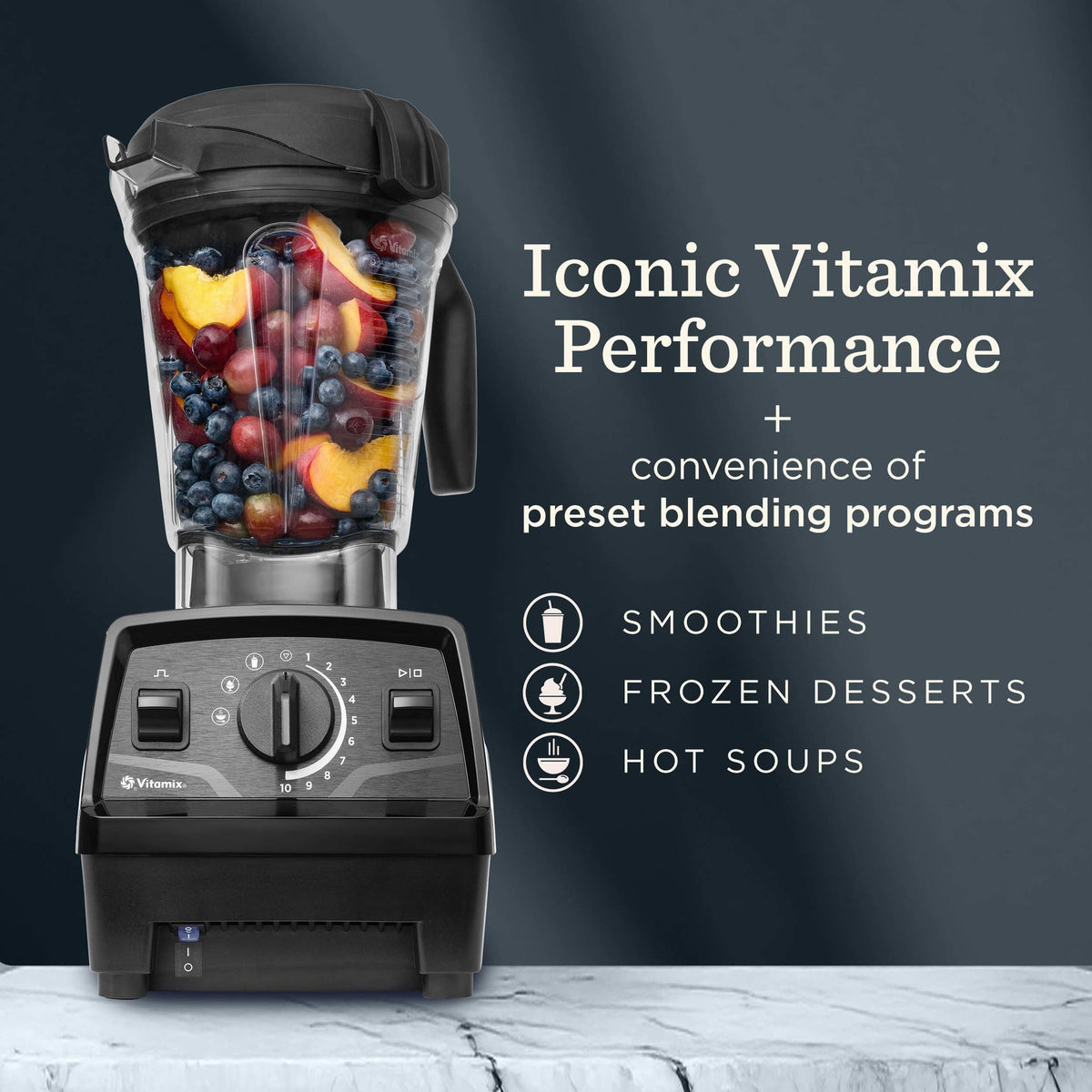 Vitamix Explorian pulse function for precise texture control and ice crushing.