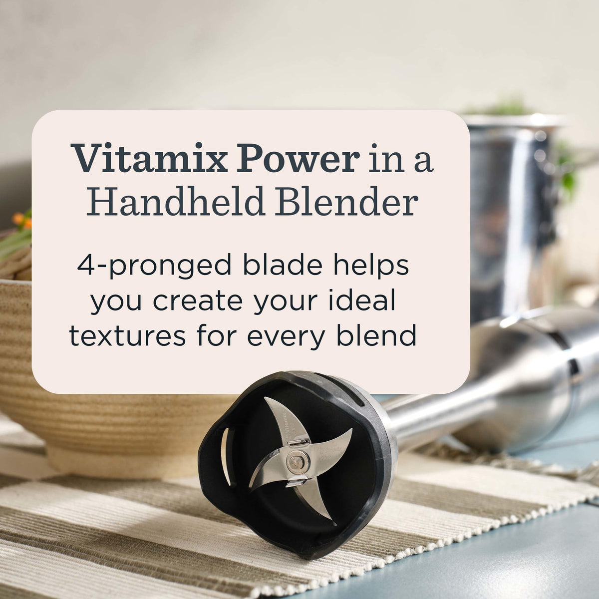 Vitamix 5-Speed Immersion Blender blending soups directly in pot.