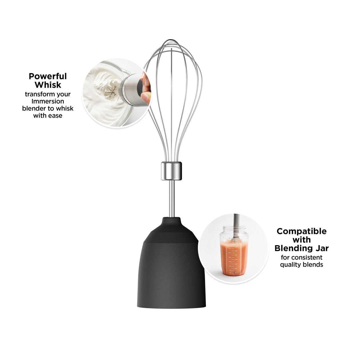 Vitamix Immersion Blender Whisk Attachment close-up in stainless steel, ideal for batters.