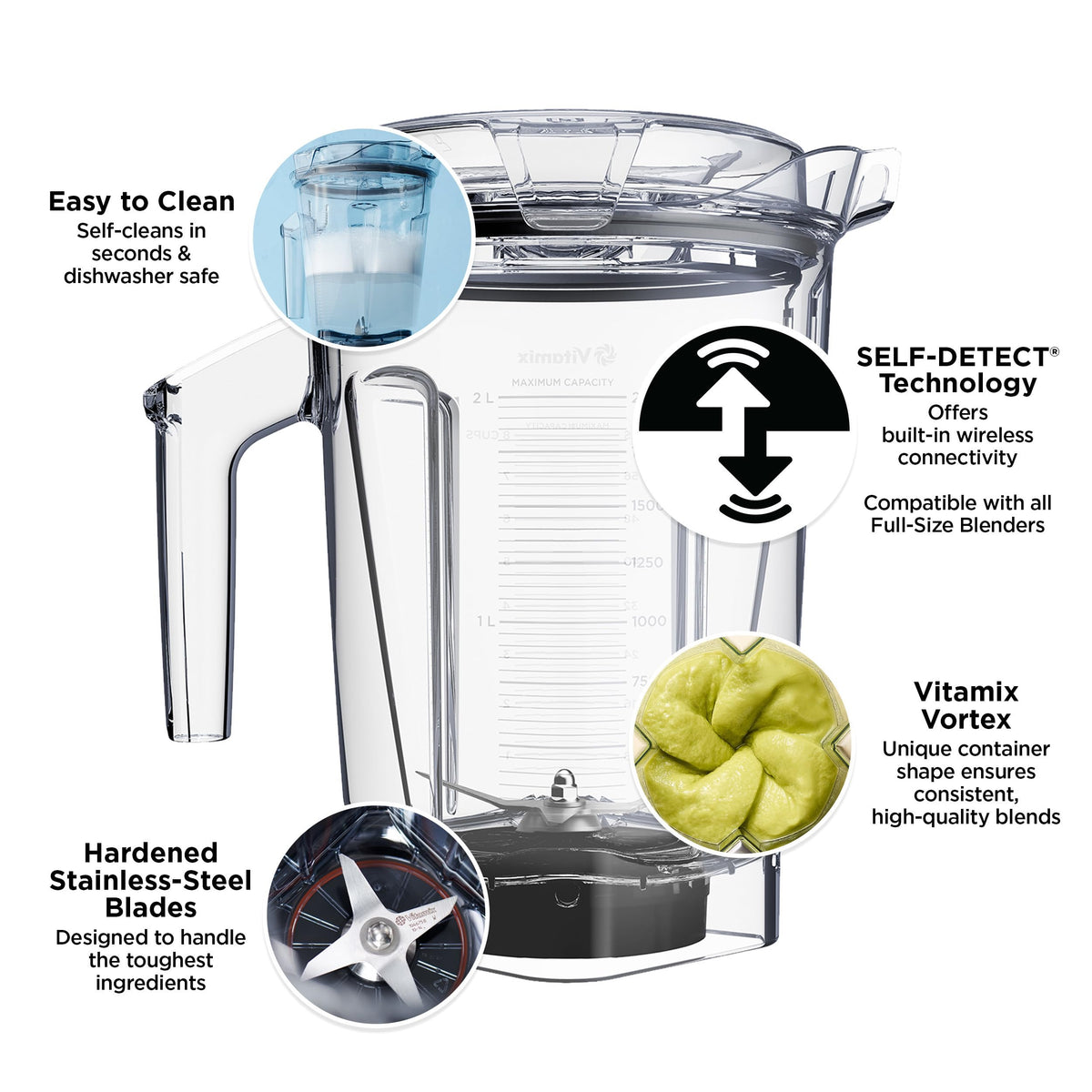 Vitamix laser-cut stainless-steel blades deliver consistent blends through fibrous produce