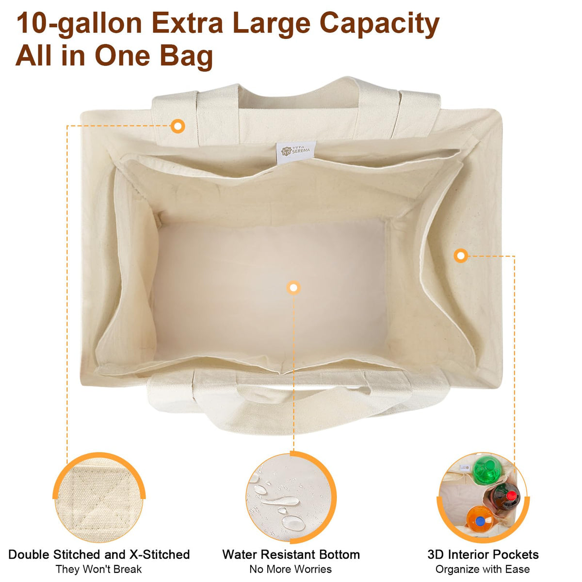 VitaSerena canvas bag has inside pocket organization to prevent items from clinking.