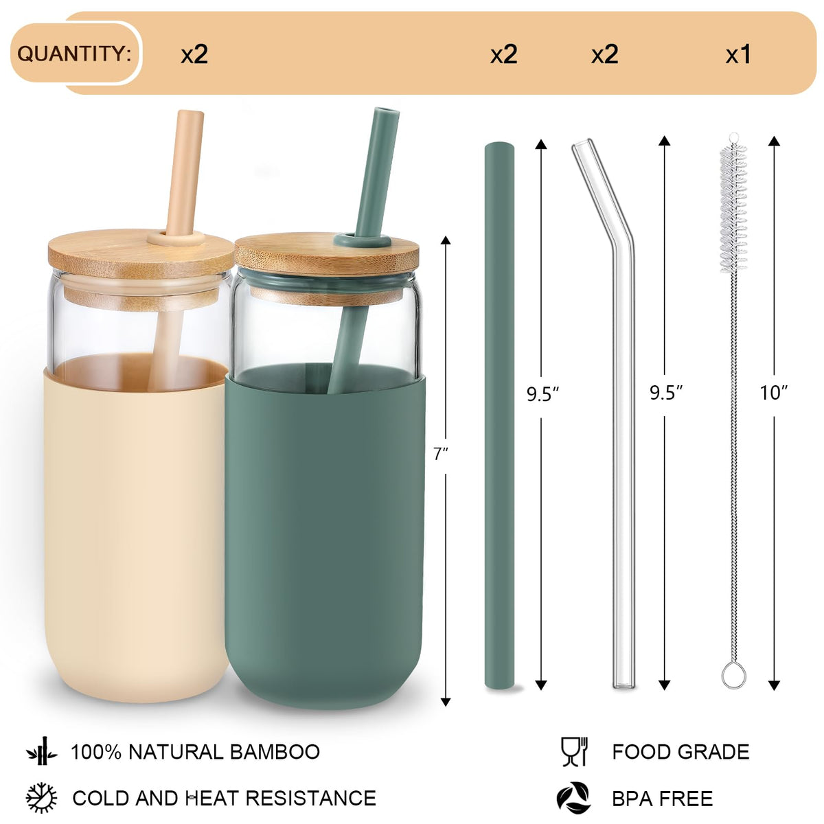 VITEVER 20oz glass cup with Amber sleeve, great for iced drinks at home or work.