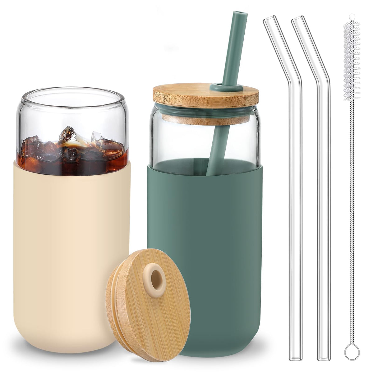 VITEVER 20oz glass cup with Cambridge Blue sleeve, ideal for refreshing beverages on the go.