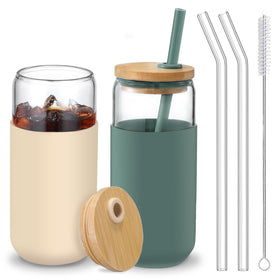 VITEVER 20oz glass cup with Cambridge Blue sleeve, ideal for refreshing beverages on the go.