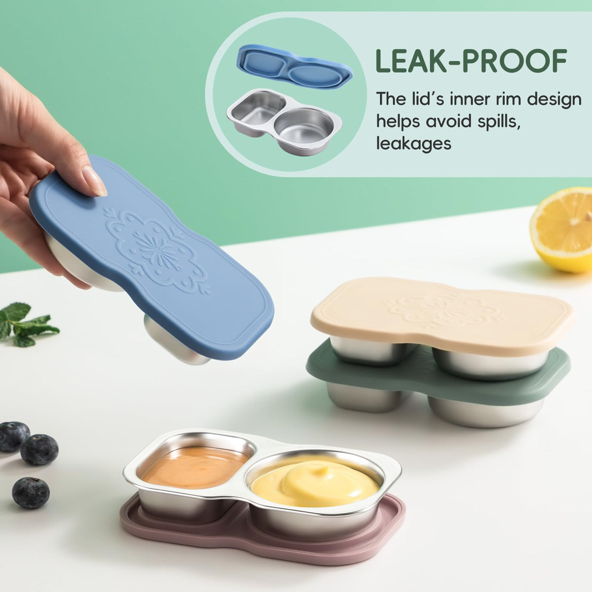65 ml and 85 ml compartments separate dips and dressings.