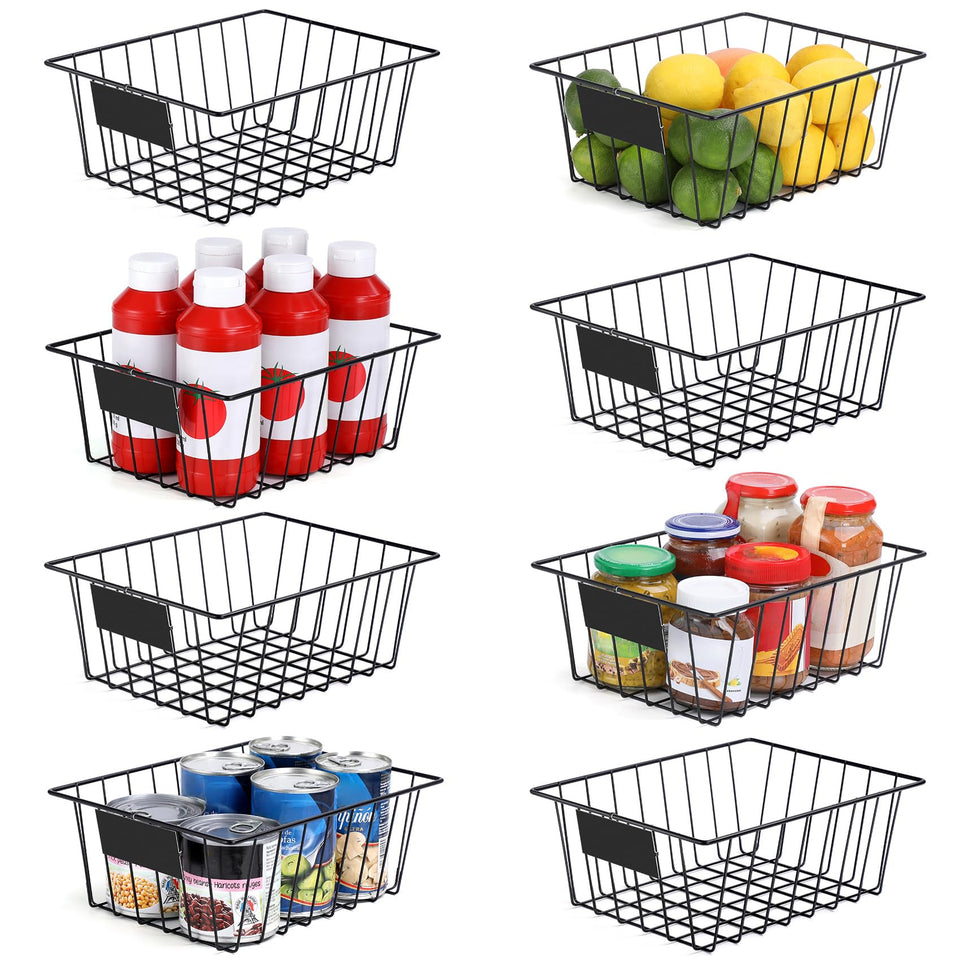 VITEVER 8-pack wire storage baskets arranged in a kitchen cabinet for organized snacks.