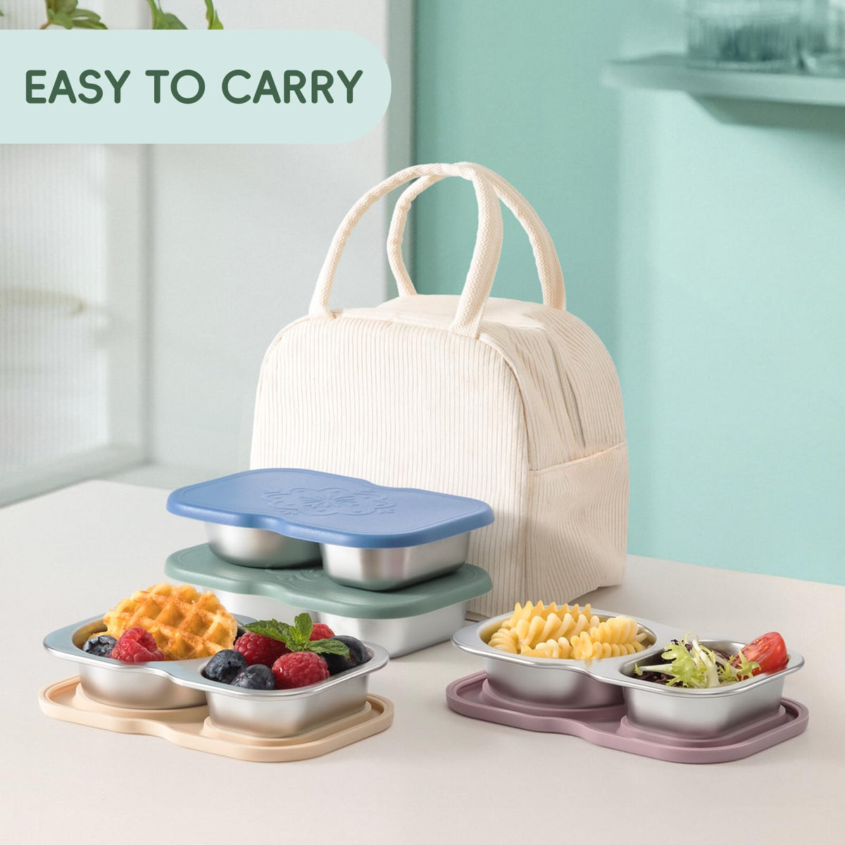 Durable stainless steel body with silicone lids for eco-friendly storage.